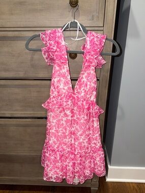 Aqua Pink Floral Ruffle Mini Dress